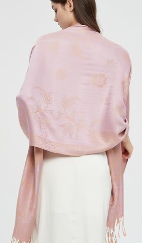 Pashmina Shawl Wrap with Ethnic Paisley Two Tone Jacquard Scarf for Women - color: Paisley-pink
