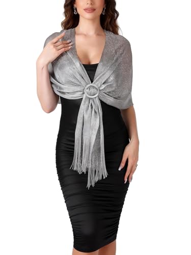 Sumolux Shawls Wraps for Evening Dresses Metallic Glitter Shawls Scarf for Women Sparkling Wedding with Free Buckle - color: Dark Grey With Silver Threads