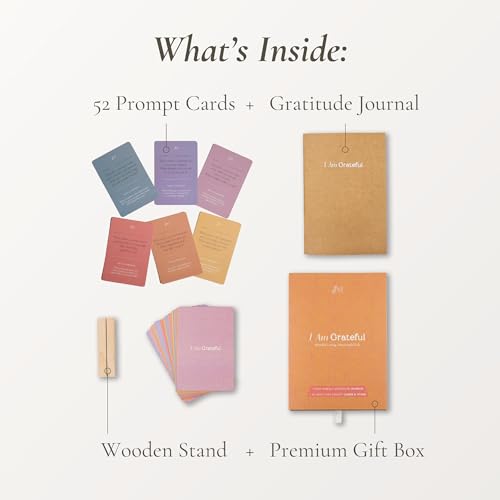 I Am Grateful — Weekly Gratitude Journal Set | 52 Prompt Cards, A5 Journal, Wooden Display Stand & Guided Audio | Mindfulness Gift for Women & Men
