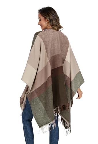 Shawl Wraps for Women, Elegant Knitted Cape Open Front Poncho Scarf Blanket Cardigan Coat for Spring, Autumn, and Winter - color: Green Beige