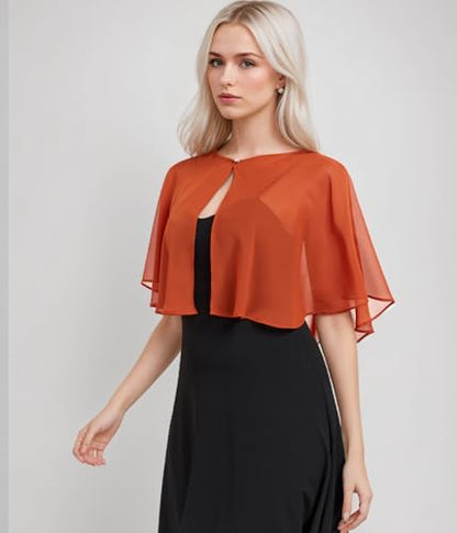 TONGFANTFL Women's Soft Chiffon Capelets Shawls and Wraps for Evening Wedding Cape Bole Cover Up - color: Burnt Orange