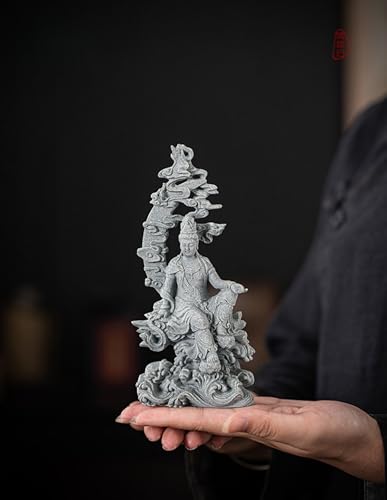 Water Moon Guanyin Zen Sculpture – Stone-Style Avalokiteshvara Statue Meditation Decor Tea Pet Buddhist Home Desktop Ornament