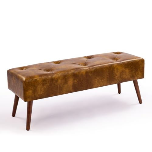 Furnimart Faux Leather Bench Ottoman, Tufted Button Bedroom Benches Footrest Stool in Solid Wood Legs, Long and Dining Bench, Indoor Bench for Entryway Living Room Bedroom (Leather-DustYellow) - color: Leather-dustyellow