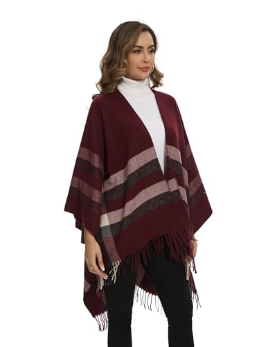 Shawl Wraps for Women, Elegant Knitted Cape Open Front Poncho Scarf Blanket Cardigan Coat for Spring, Autumn, and Winter - color: Red Beige