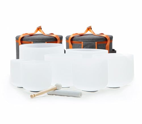 Set of 7 size 6"-12" White A-G Note 432 hz Crystal Singing Bowl with Carrying Case - color: Set of 7, White