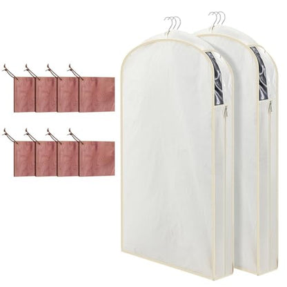 Briwooody 2 Sets 40 Inch Linen Fabric Bags for Hanging Clothes and Storage with Cedar Blocks for Fresh Smell and Moth Protection Sandpaper for Suit Fur Coat Jacket Sweater(Beige)
