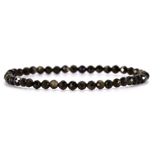 Angelstones Natural Gemstone Small Beaded Stretch Bracelet, 4mm Faceted Round Beads, Crystal Healing Bracelet for Women - color: Golden Obsidian