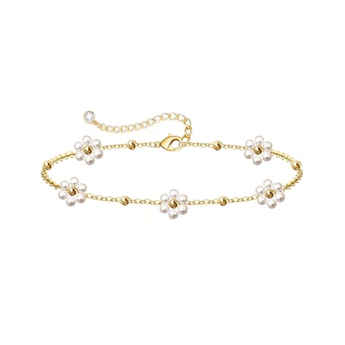 Zeffy Gold Pearl Beaded Bracelet for Women, 14K Gold Plated Jewelry Set With Paperclip Link Chain, Trendy Stack Bracelets - style: Pearl Flower Bracelet