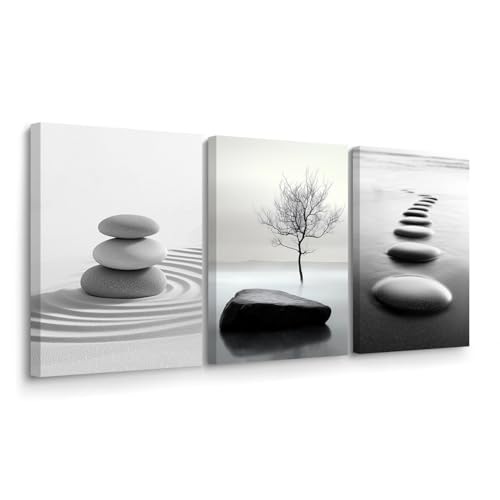 BJYCHG Black and White Zen Wall Art 3 Pieces Stones in Water Picture Canvas Print for Bathroom Spa Stone Painting Yoga Meditation Room Decor Framed (White, 12x16inchx3 Pieces) - color: White, size: 12x16inchx3 Pieces