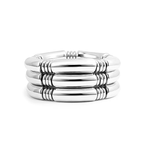Gold Chunky Bangles Bracelets For Women 14k Gold Plated Stack Layered Curved Bamboo Tube Stretch Bracelets Gift Jewelry - color: 3pcs Silver