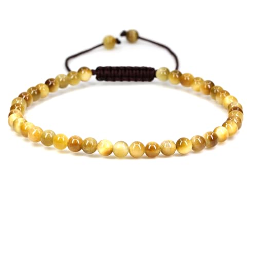 Keleny Natural Gemtones 4mm Round Beads Crystal Adjustable Braided Macrame Tassels Bracelets Unisex - color: Gold Tiger Eye