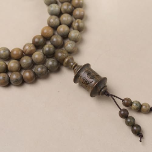 Natural Green Sandalwood 108 Mala Bead Necklace Buddhist Prayer Beads for Meditation or Yoga - style: Om Mani Padmei Hum Mantra