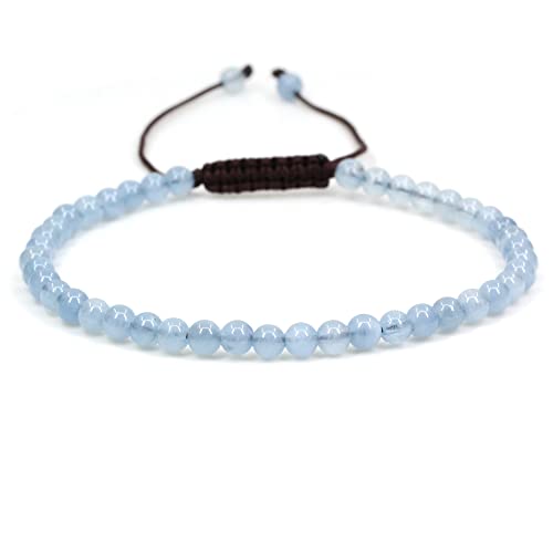 Keleny Natural Gemtones 4mm Round Beads Crystal Adjustable Braided Macrame Tassels Bracelets Unisex - color: Blue Aquamarine