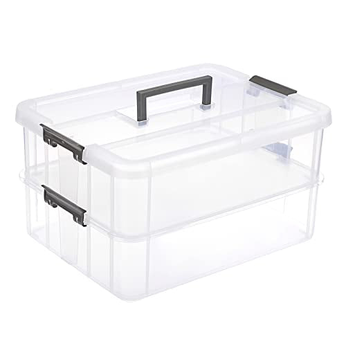 JUXYES 2-Tiers Stack Carry Storage Box With Handle, Transparent Stackable Storage Bin With Handle Lid Latching Storage Container for School & Office Supplies - color: Dark Gray