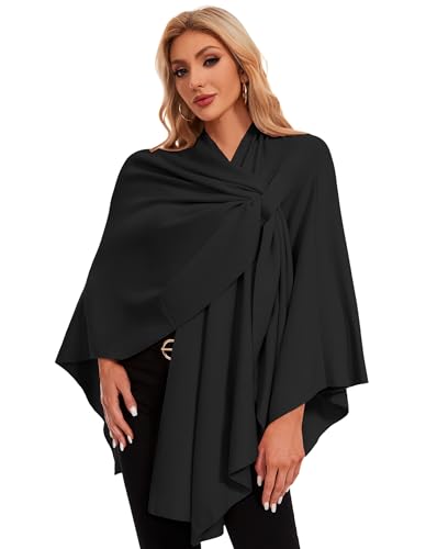 PULI Womens Elegant Cross Front Shawl Wraps Knitted Ponchos Cape Light Weight Poncho Sweater Soft Warm Travel Wraps - color: Black