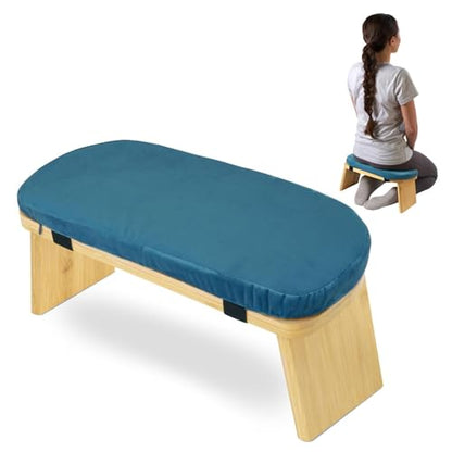 Meditation Bench Kneeling Stool Ergonomic Wood with Soft Cushion, Foldable Portable Prayer Bench, Meditation Stool 16.93x7.48x7.09inch- Blue