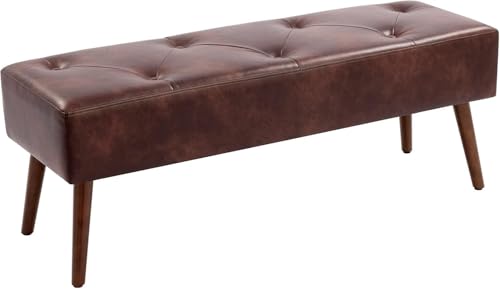 Furnimart Faux Leather Bench Ottoman, Tufted Button Bedroom Benches Footrest Stool in Solid Wood Legs, Long and Dining Bench, Indoor Bench for Entryway Living Room Bedroom (Leather-Darkbrown) - color: Leather-darkbrown