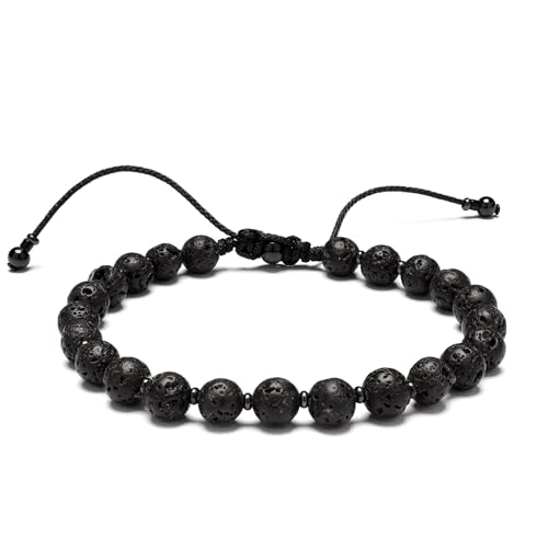 Men’s Beaded Bracelet Adjustable, Natural Texture Beads with Stainless Steel Spacers, Braided Cord, Minimal Everyday Bracelet for Men & Women - color: Lava Black 6mm