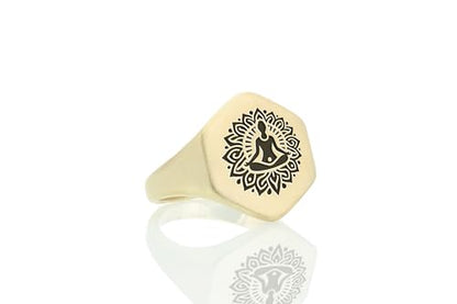 Engraved Yoga Signet Ring - Zen Meditation Gold Jewelry - 14k Bold Statement Ring