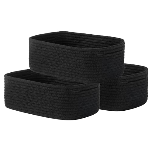 Small Woven Basket, 12 x 8 x 4.5 Inches, Storage Basket for Organizing, Cute Small Rope Shelf Closet Cube Storage Bins Baskets for Shelves, Dog Toy Gift Baskets Empty, 3 Packs, Black - color: Black, size: 12"L x 8"W x 4.5"H