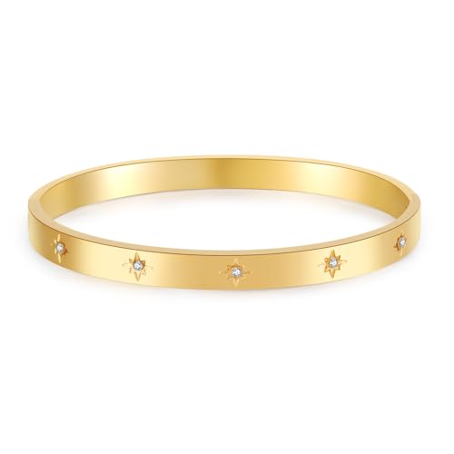 Gold Bangle for Women - 18K Gold Plated Stainless Steel Love Friendship Crystal Bracelets with Cubic Zirconia - color: Snowflake Bangle - GOLD