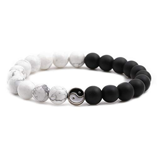 Fashion Men Women Taiji Yin Yang Feng Shui Charm Bracelet Natural White Turquoise and Black Beaded Couple Bracelets Friendship Distance Bracelet Jewelry - color: White Black