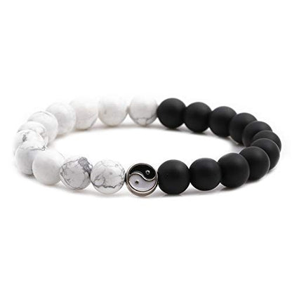 Fashion Men Women Taiji Yin Yang Feng Shui Charm Bracelet Natural White Turquoise and Black Beaded Couple Bracelets Friendship Distance Bracelet Jewelry - color: White Black