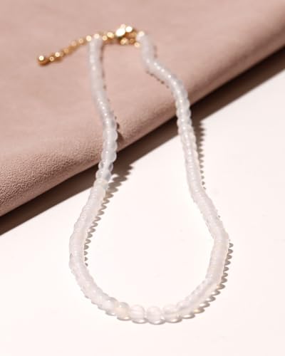 Simple Choker Necklace for Women Real Stone and Crystals Necklaces 4mm Beaded Choker Jewelry Meditation Gift for Women (16"+2") - style: White Agate