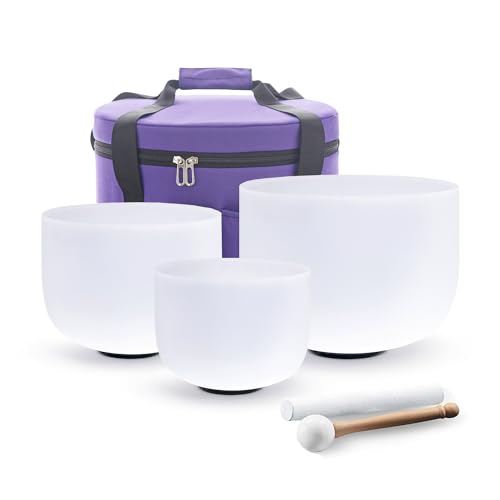 Hye-eun Crystal Singing Bowls Set of 3, 432hz 7"A 9"F 11"D 3pcs Frosted Quartz Chakra Sound Bowl with Carrying Case for Sound Healing Yoga Meditation
