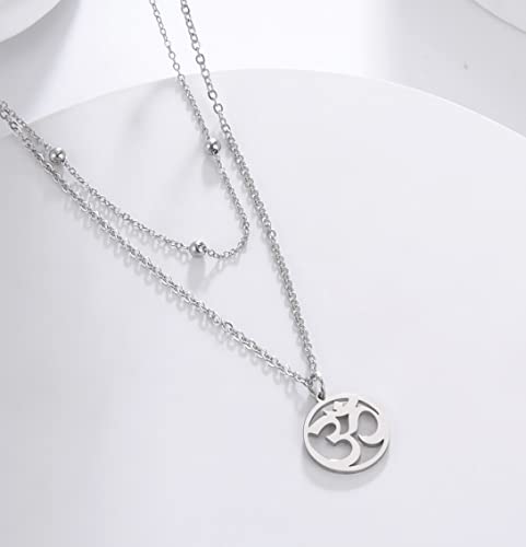 UNIFT Necklace For Women- Aum Om Ohm Sanskrit Symbol Round Pendant Beaded Double Layer Chain Charm Necklace,Hinduism Yoga Sanskrit Personalized Amulet Dainty Pendant Necklace Jewelry - color: silver