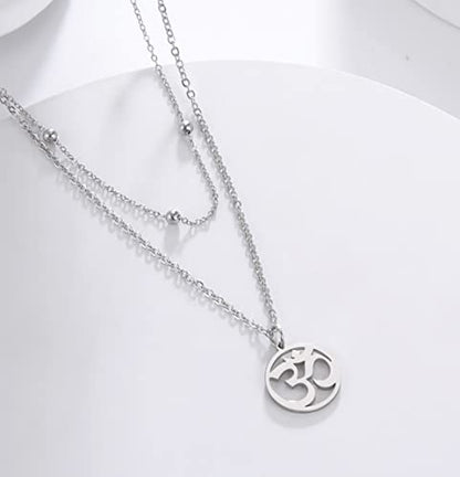 UNIFT Necklace For Women- Aum Om Ohm Sanskrit Symbol Round Pendant Beaded Double Layer Chain Charm Necklace,Hinduism Yoga Sanskrit Personalized Amulet Dainty Pendant Necklace Jewelry - color: silver