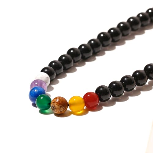 Reiki 7 Chakra Obsidian Beaded Necklace Protection Spiritual Crystals Meditation Yoga Necklaces for Women and Men Good Luck Jewelry - size: 18in