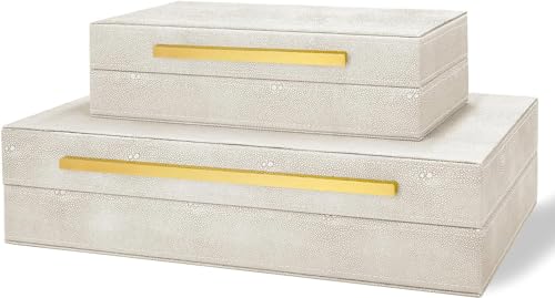 Modern Decorative Box Faux Shagreen Leather, Decorative Storage Boxes with Lids for Home Decor, Large Multifunctional Storage Jewelry Box Organizer(Ivory) - color: Ivory 2PSC