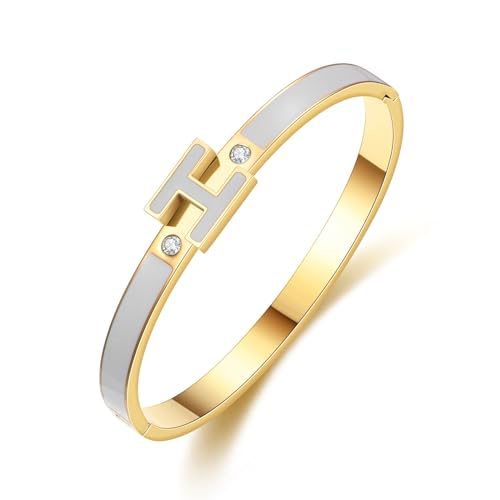 Gold Bracelets for Women, H Bangle Bracelet, Dainty 18K Gold Plated Stainless Steel Enamel Bracelet for Everyday, Work, Party, Stackable Gift for Mom, Wife, Girlfriend - color: Grey