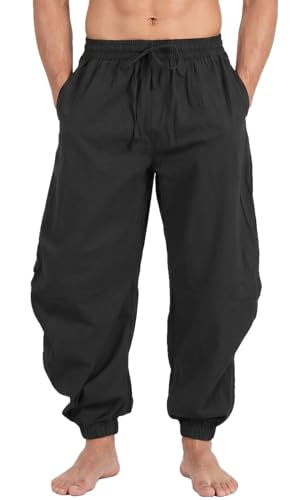 perdontoo Mens Casual Cotton Linen Pant Elastic Waist Drawstring Yoga Jogger Pants - color: Black, size: 3X-Large