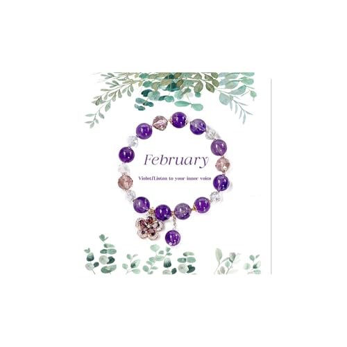 Birth Flower Crystal Bracelets for Women, Handmade Natural Gemstone Stretch Jewelry with Healing & Positive Energy - color: Feb. Violet & Amethyst（2）