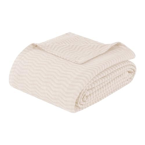 Superior JENA Cotton Blanket, for Picnic, Beach, Traveling or Camping, Bedroom Decor, Essentials, Cover for Bed, Couch, Lounging, Textured Jacquard, Modern Chevron Woven Blanket, Throw, Ivory