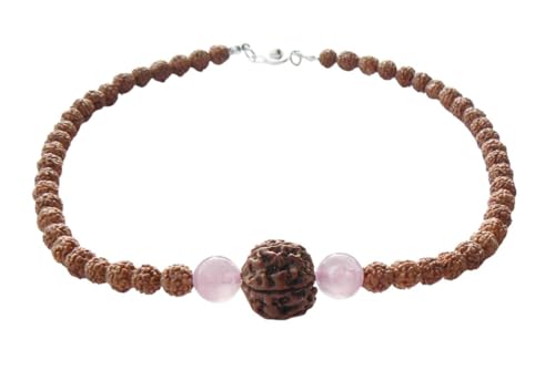 Rudraksha Necklace for Women, Shakti Healing Mala HANDMADE, Real 5 Mukhi Rudraksh Mala Beads, Rose Quartz Crystals, Heart Chakra Jewelry, Hindu Spiritual Gift for Her, Kundalini Yoga