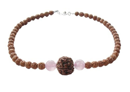 Rudraksha Necklace for Women, Shakti Healing Mala HANDMADE, Real 5 Mukhi Rudraksh Mala Beads, Rose Quartz Crystals, Heart Chakra Jewelry, Hindu Spiritual Gift for Her, Kundalini Yoga