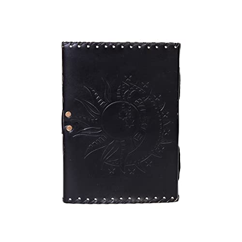 Vintage Leather Journal with Sun & Moon Design – Handmade Lock Diary Notebook, 7 x 5 Inch Writing Journal, Rustic Travel Journal for Men & Women, Gift for Writers, Sketchbook, Gratitude Journal (Black, 8x6 Inch)