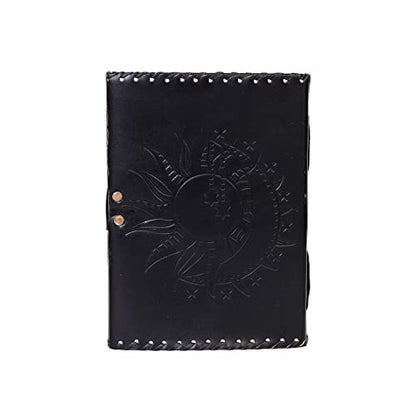 Vintage Leather Journal with Sun & Moon Design – Handmade Lock Diary Notebook, 7 x 5 Inch Writing Journal, Rustic Travel Journal for Men & Women, Gift for Writers, Sketchbook, Gratitude Journal (Black, 8x6 Inch)