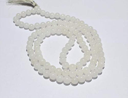 Natural AAA White Jade 108 Mala Necklace| White Jade Mala|108 Prayer Beaded Mala Necklace| Hand Knotted Mala Bracelet | Japa Mala| 8mm Round Beads| Meditation Tassel |Buddhist Mala