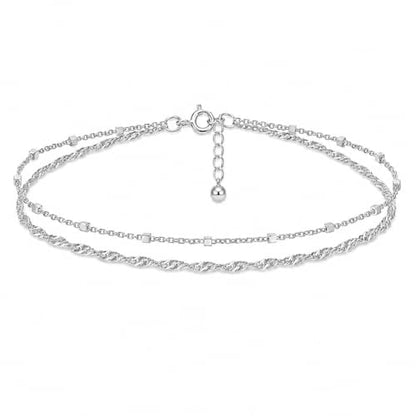 Double Stranded Sterling Silver Bracelet for Women, Dainty Waterproof Chain Bracelet for Women, Teen (Twirl & Satellite Chains)