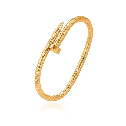 18K Gold Plated Open Cuff Bangle for Women Statement Brushed/Hammered/Textured Bracelet Layering Jewelry Love Gift for Her - style: Screw Nail Bangle
