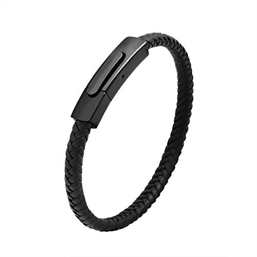 Geoffrey Beene Men's Braided Genuine Leather Fashion Bangle Bracelet with Stainless Steel Clasp - color: Black