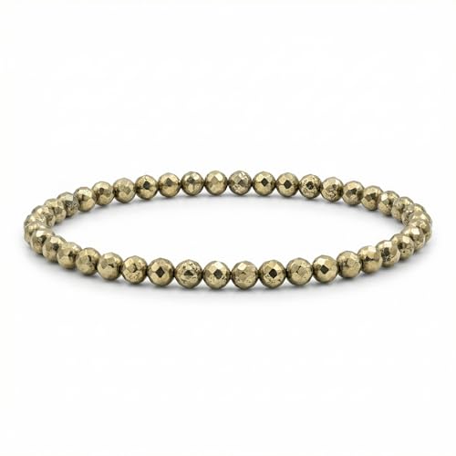 Angelstones Natural Gemstone Small Beaded Stretch Bracelet, 4mm Faceted Round Beads, Crystal Healing Bracelet for Women - color: Pyrite