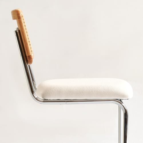 Natural Rattan Counter Height Stools Set of 2 with Solid Wood Back, 24 Inch Mid Century Modern Cesca Bar Stools, White Upholstery Boho Stool for Kitchen Counter with Chrome Metal Legs - color: White, size: 2PCS-24'' Counter Height Stool