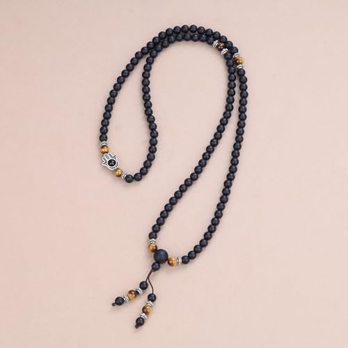 COAI 108 Mala Beads Hamsa Hand Bracelet, Wrap Bracelet Beaded Necklace for Men Women - style: Matte Onyx