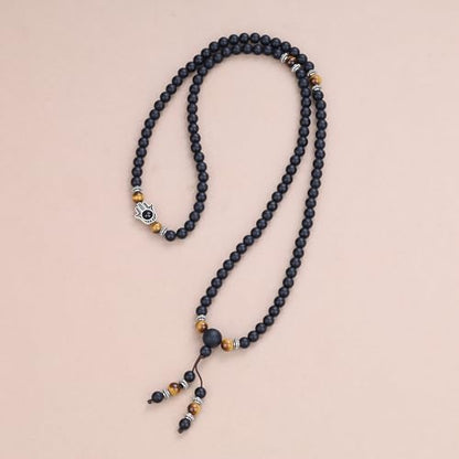 COAI 108 Mala Beads Hamsa Hand Bracelet, Wrap Bracelet Beaded Necklace for Men Women - style: Matte Onyx