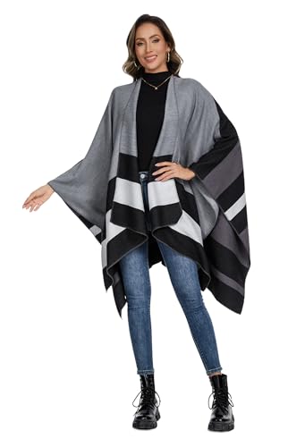 Shawl Wraps for Women, Elegant Knitted Cape Open Front Poncho Scarf Blanket Cardigan Coat for Spring, Autumn, and Winter - color: Gray Black White